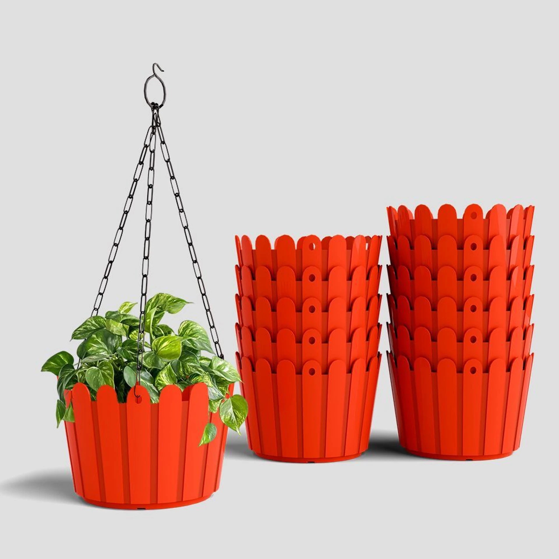 8 Inch Hanging Fence Planter Pot Set with Chain for Indoor & Outdoor Plant Container Set (Pack of 3, Plastic)