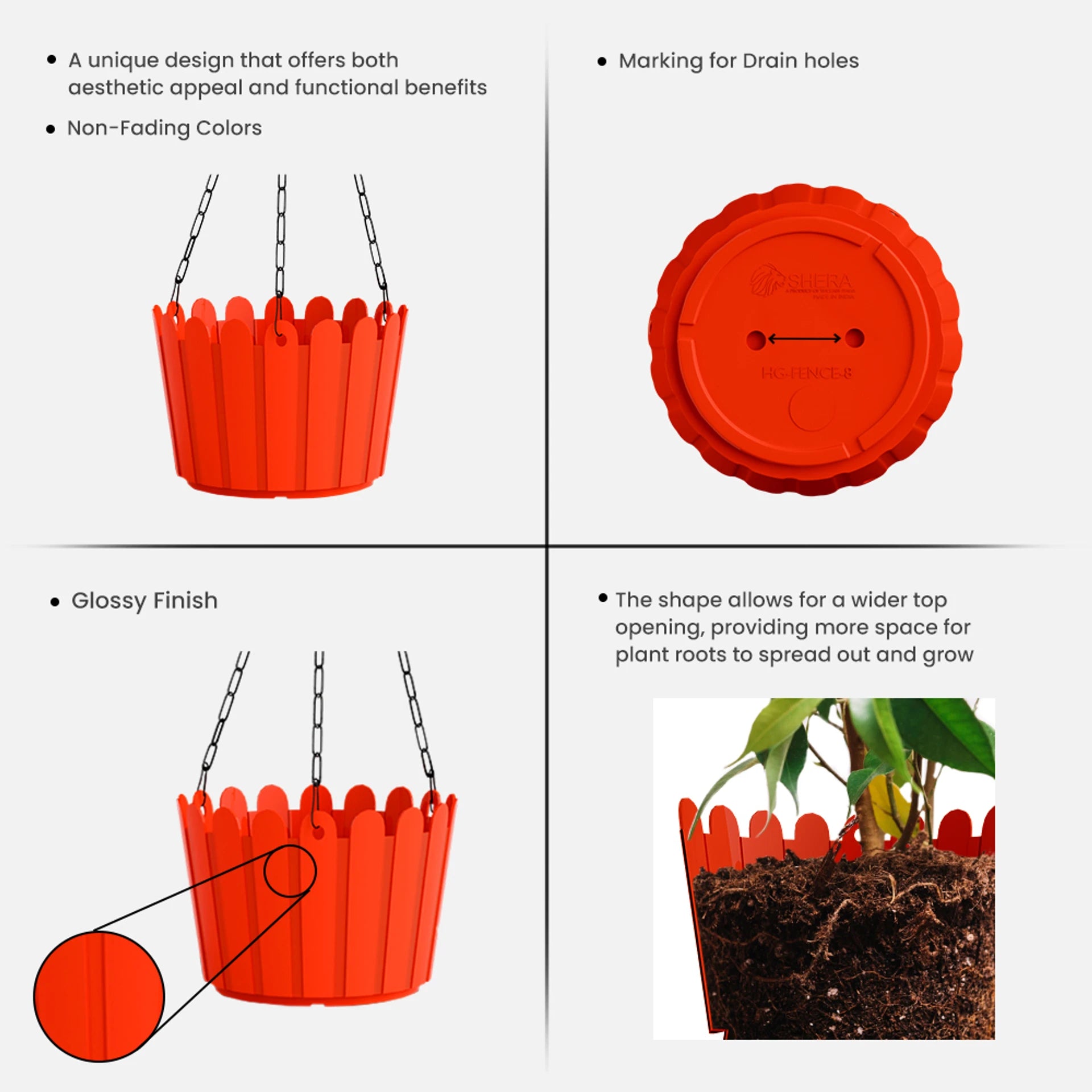 8 Inch Hanging Fence Planter Pot Set with Chain for Indoor & Outdoor Plant Container Set (Pack of 3, Plastic)